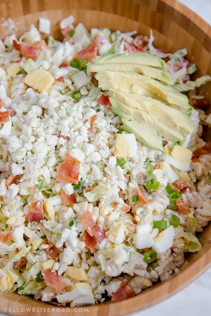 Creamy Chicken Cobb Pasta Salad has all the flavors of the classic Cobb Salad and is a perfect side dish for spring and summer picnics..