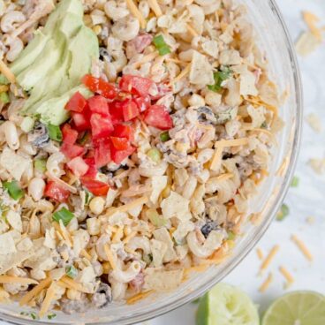 A bowl of pasta salad