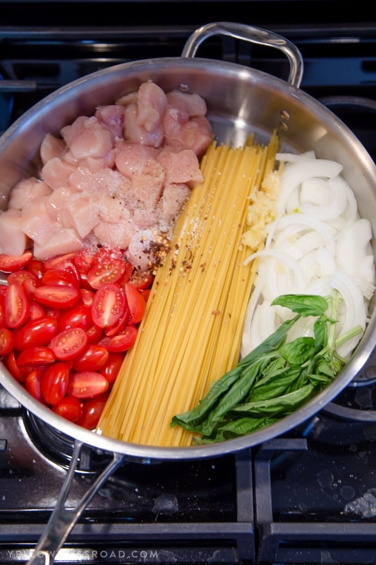 One Pan Tomato Basil Chicken Linguine - A quick and easy pasta dish that's ready in 20 minutes.; a delicious weeknight meal.