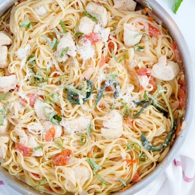 One Pan Tomato Basil Chicken Linguine - An Easy Weeknight Meal