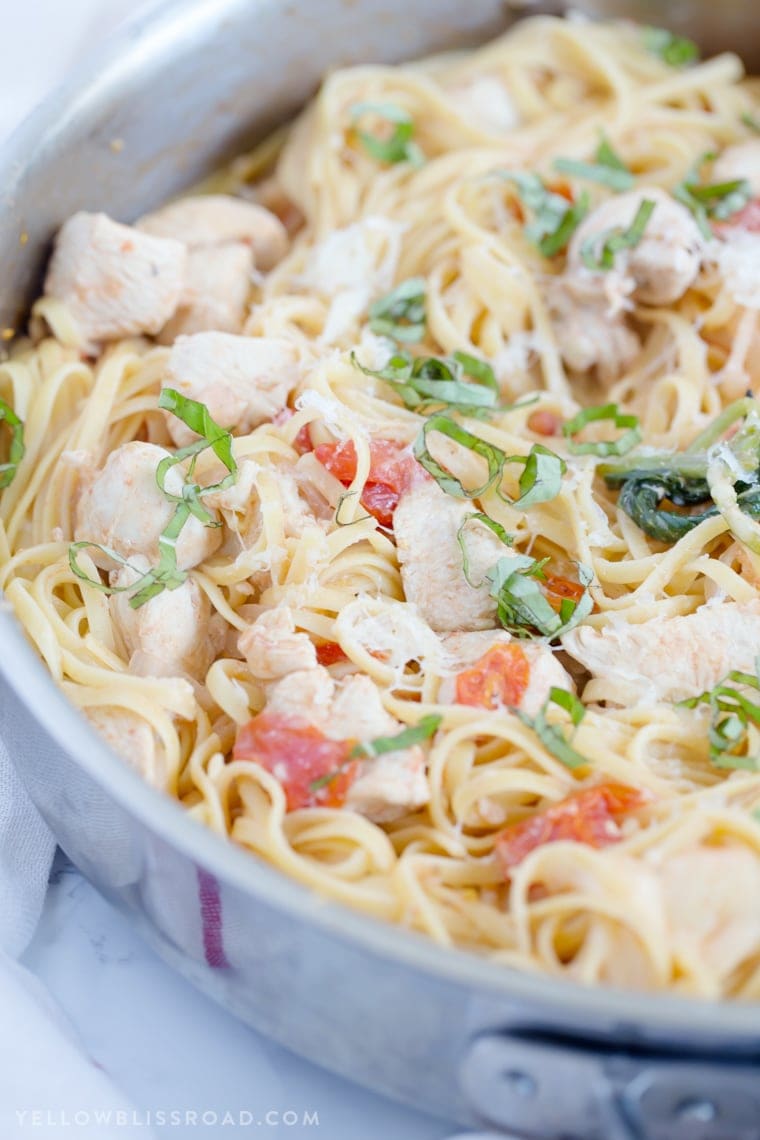 One Pan Tomato Basil Chicken Linguine - A quick and easy pasta dish that's ready in 20 minutes.; a delicious weeknight meal.