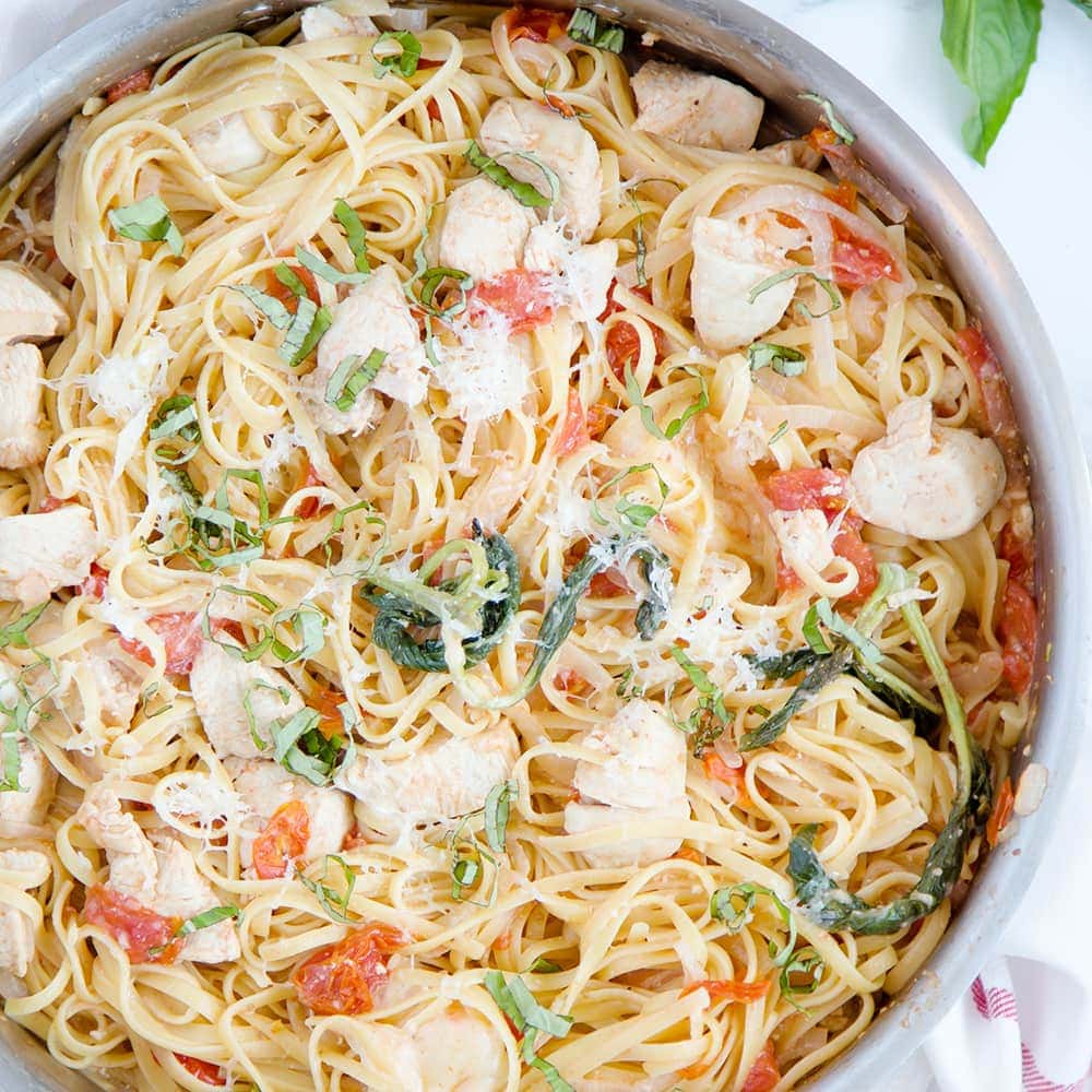One Pan Tomato Basil Chicken Linguine - An Easy Weeknight Meal