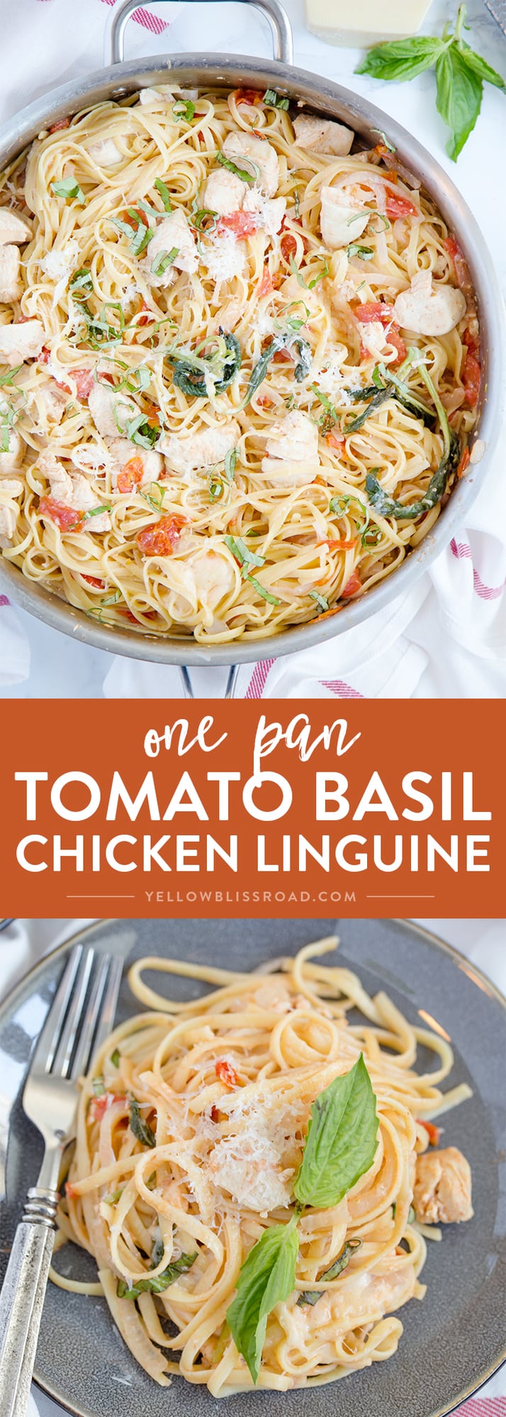 One Pan Tomato Basil Chicken Linguine - A quick and easy pasta dish that's ready in 20 minutes.; a delicious weeknight meal.