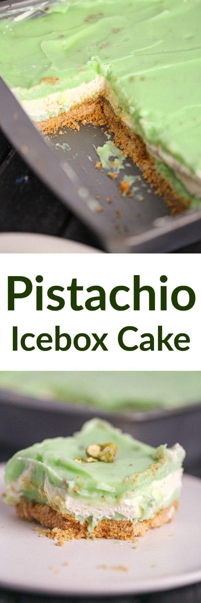 An easy Pistachio Icebox Cake that is layers of goodness made with graham crackers, pistachio pudding and lots of whipped topping!