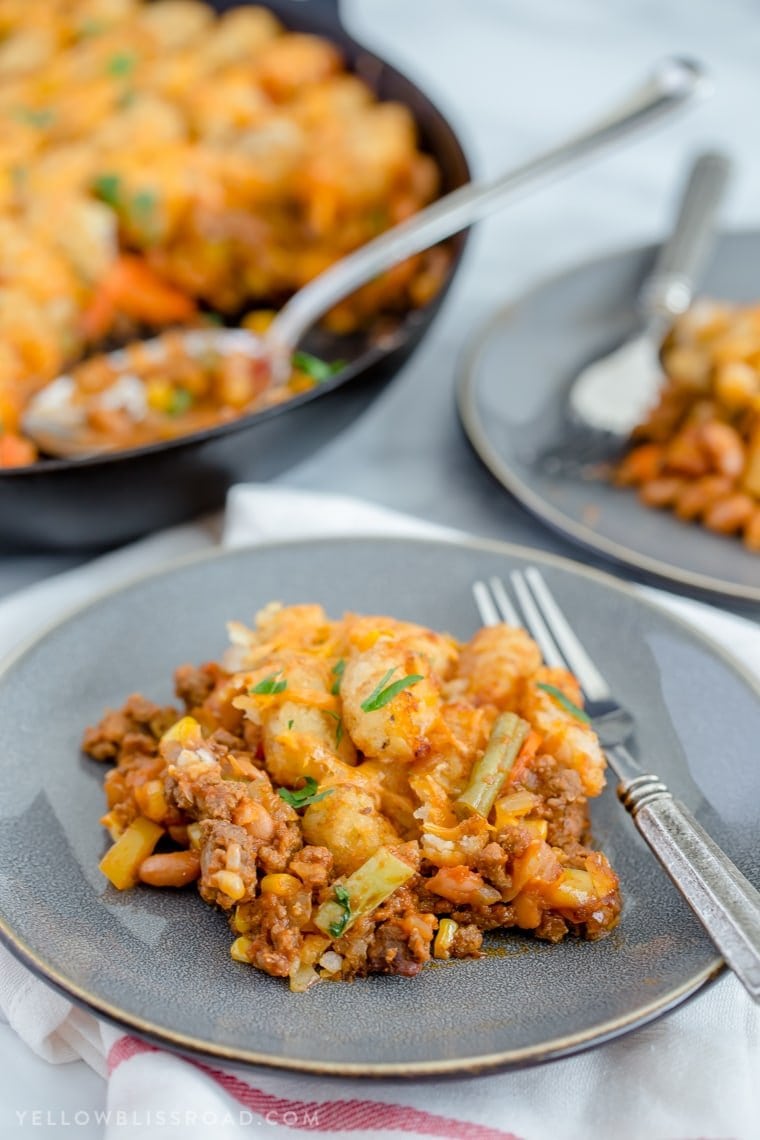 a gray plate holds a serving of sloppy joe meat with tater tots