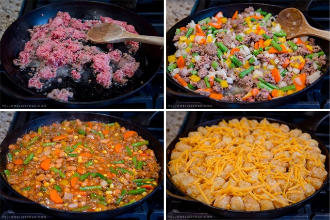 4 images showing the stages of making a tater tot casserole