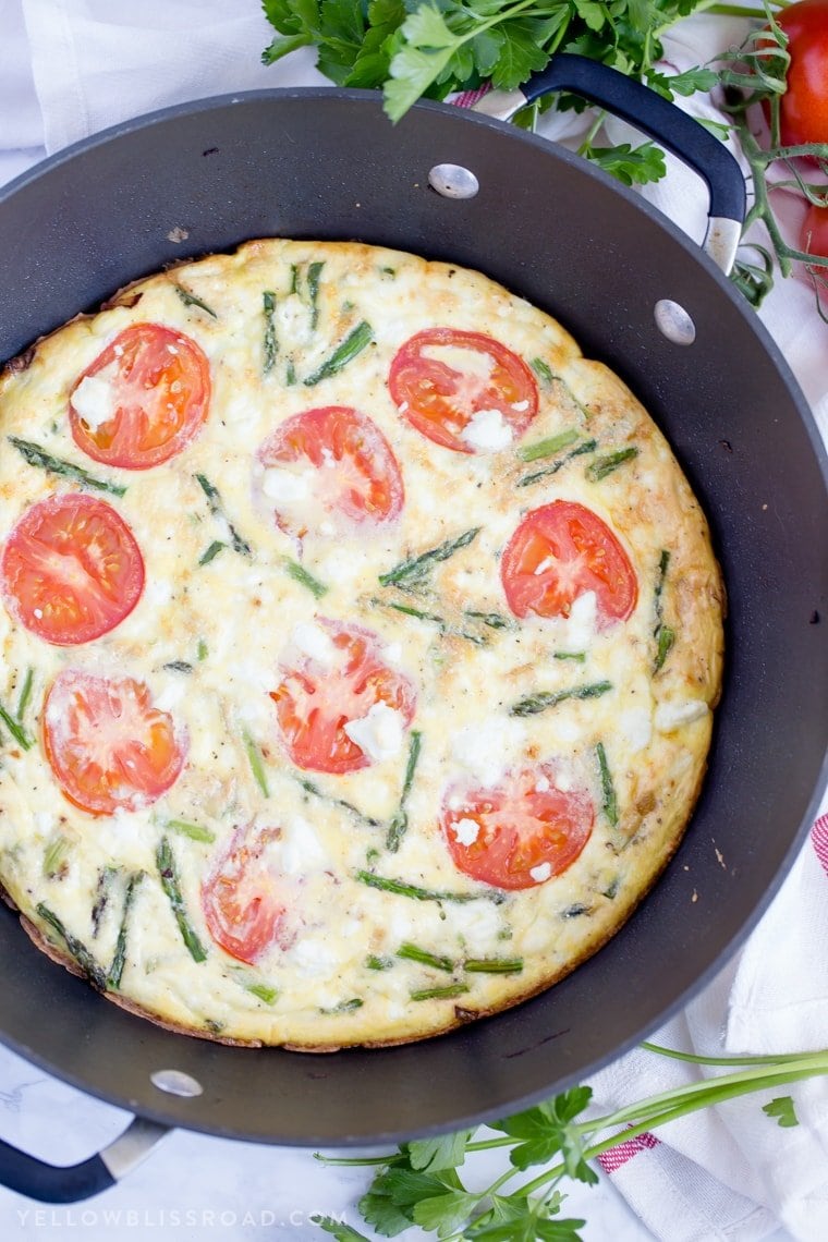 An overhead shot of a frittata baked in a skillet