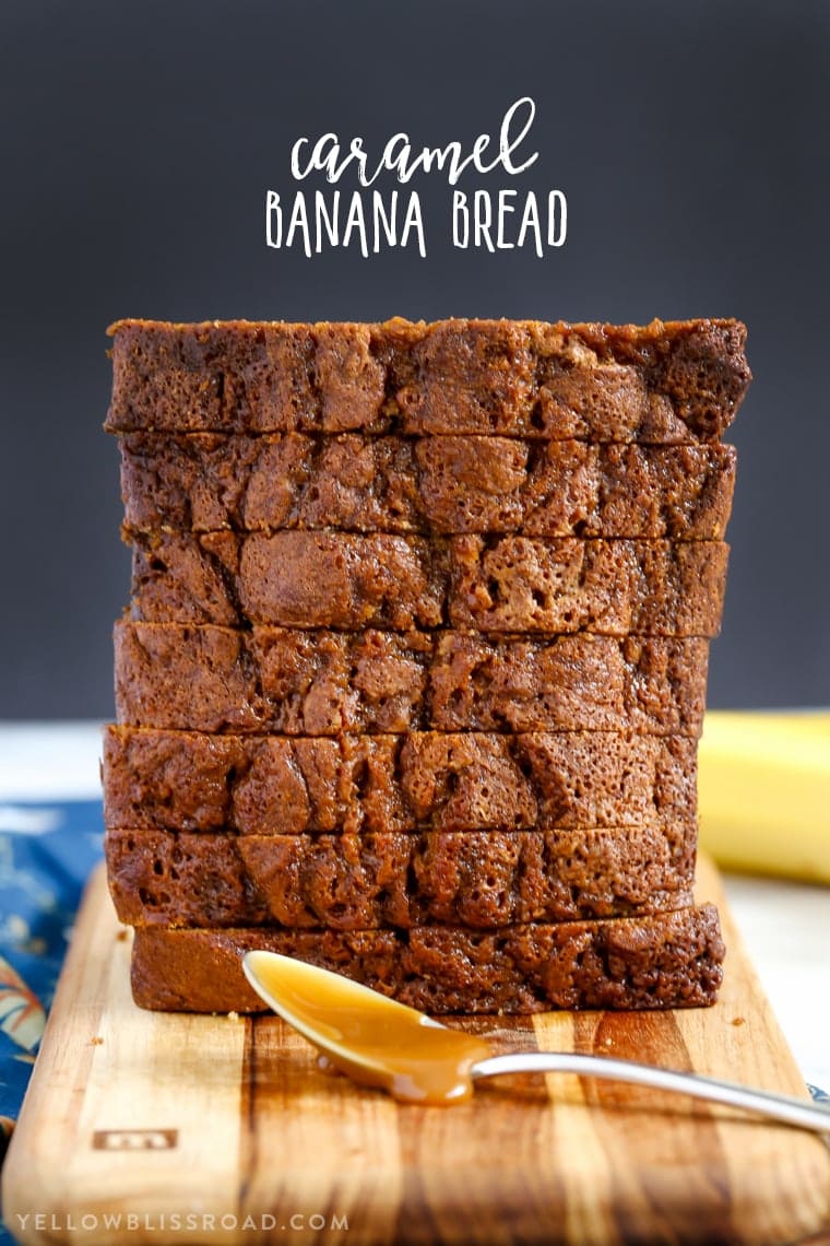 This Caramel Banana Bread is full of tasty bananas and delicious sweet caramel. Finished with a drizzle of caramel, it's a decadent quick bread that makes a delicious dessert or snack.