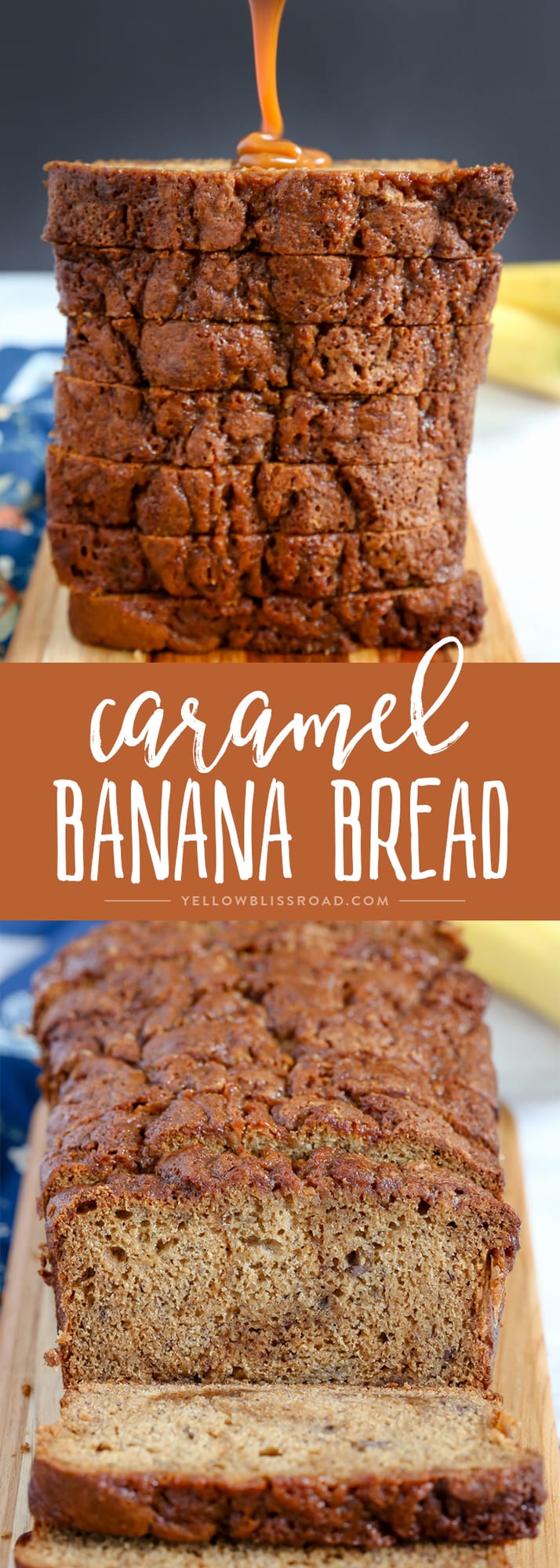 This Caramel Banana Bread is full of tasty bananas and delicious sweet caramel. Finished with a drizzle of caramel, it's a decadent quick bread that makes a delicious dessert or snack.