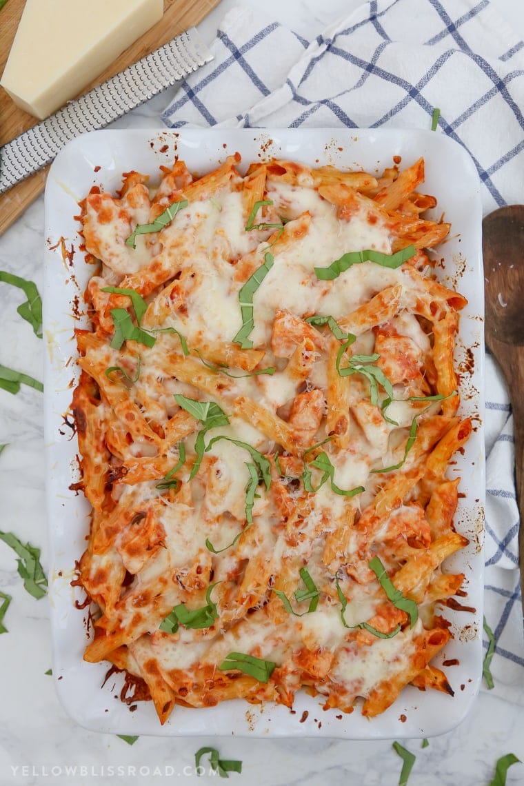 This Chicken Parmesan Baked Ziti is a quick and easy meal to whip up on a busy weeknight, and still classy enough for Sunday dinner.