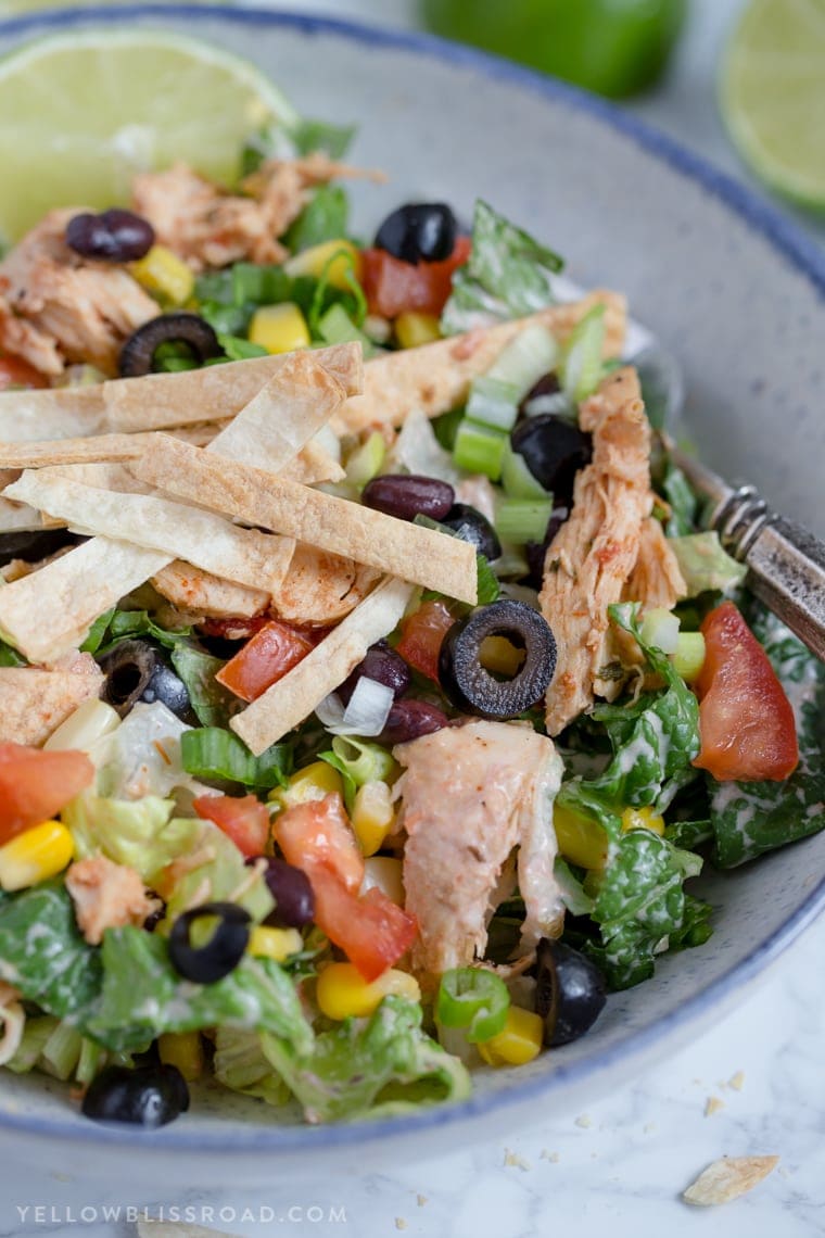 This Chicken Taco Salad is a delicious, quick and easy Mexican dinner that has all your favorite taco toppings with a spicy cream Salsa Ranch Dressing. 