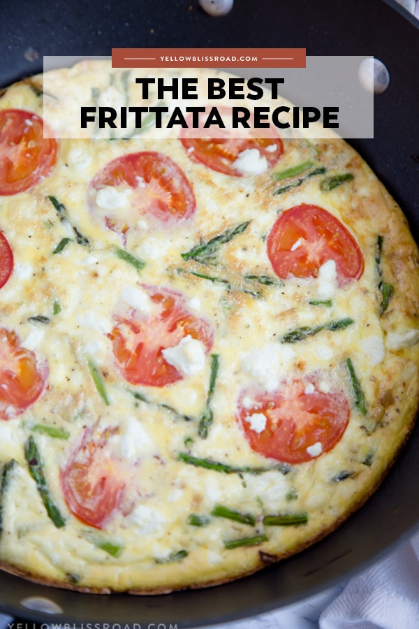 Image of a frittata in a skillet with recipe title text.