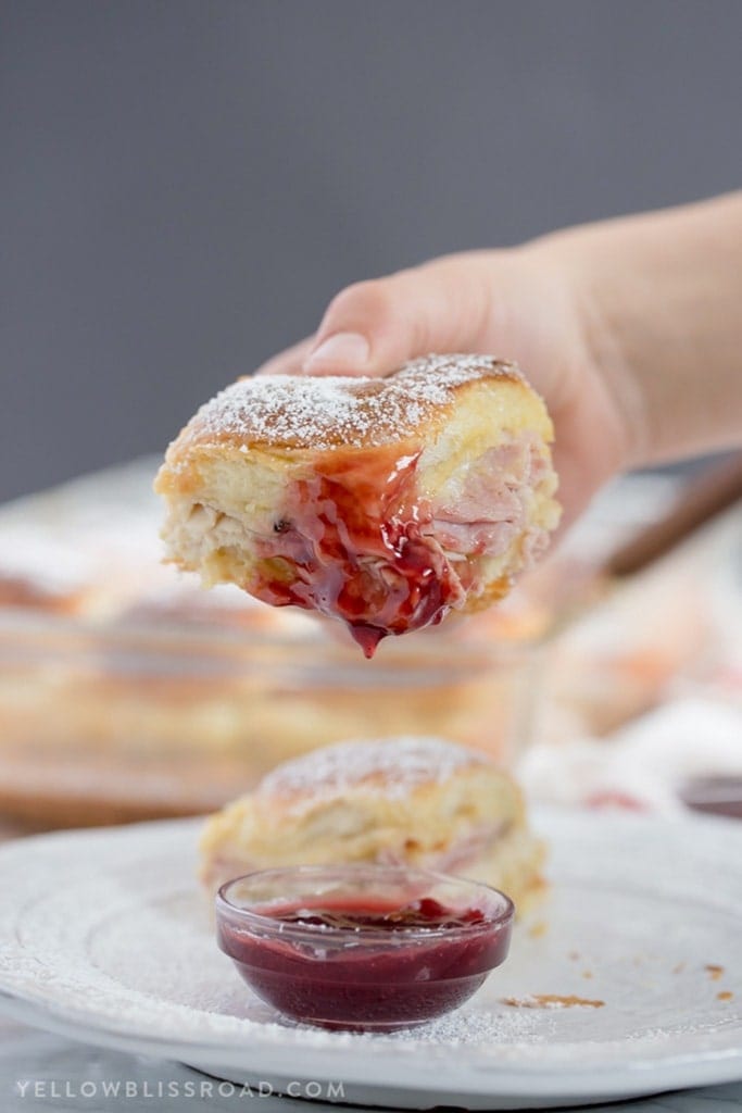 Monte Cristo Sandwich sliders dipped in strawberry jam.