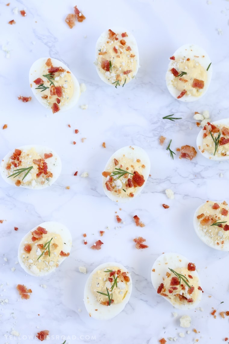 These Ranch, Blue Cheese & Bacon Deviled Eggs are creamy and tangy and the perfect enhancement to your Easter table.