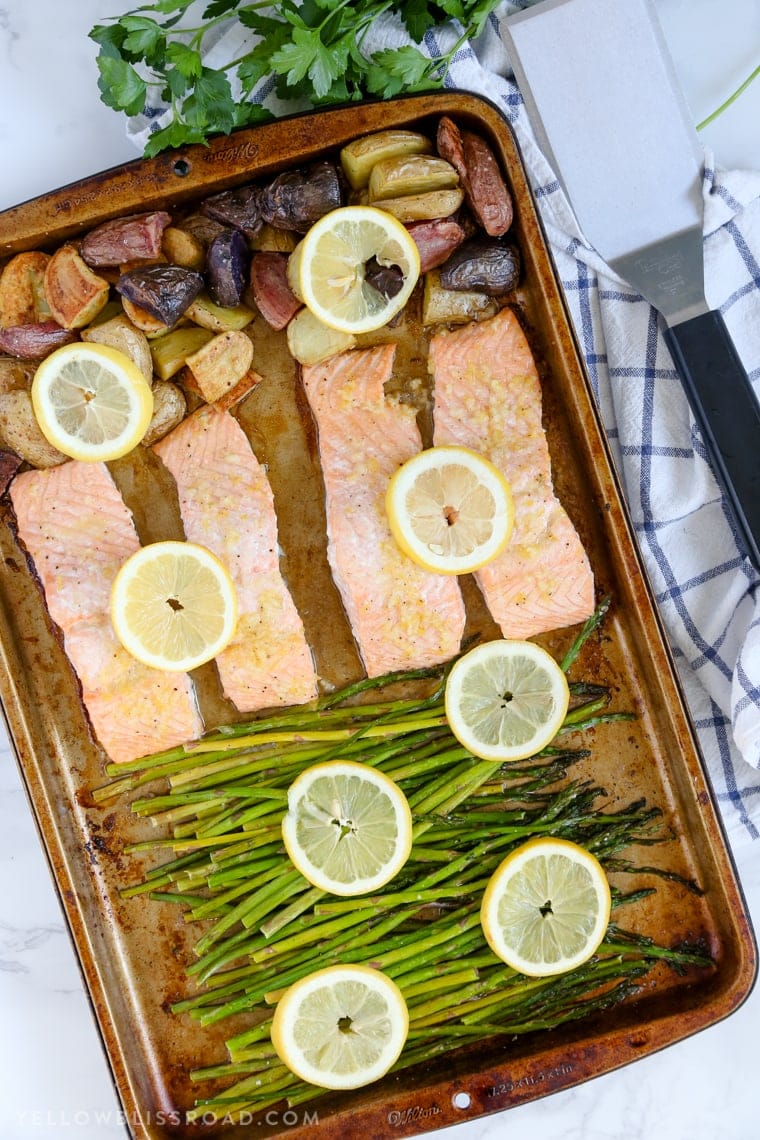 This Salmon, Asparagus & Potatoes Sheet Pan Dinner is a delicious one pan meal that saves valuable time in the kitchen - it's a delicious, easy weeknight meal!