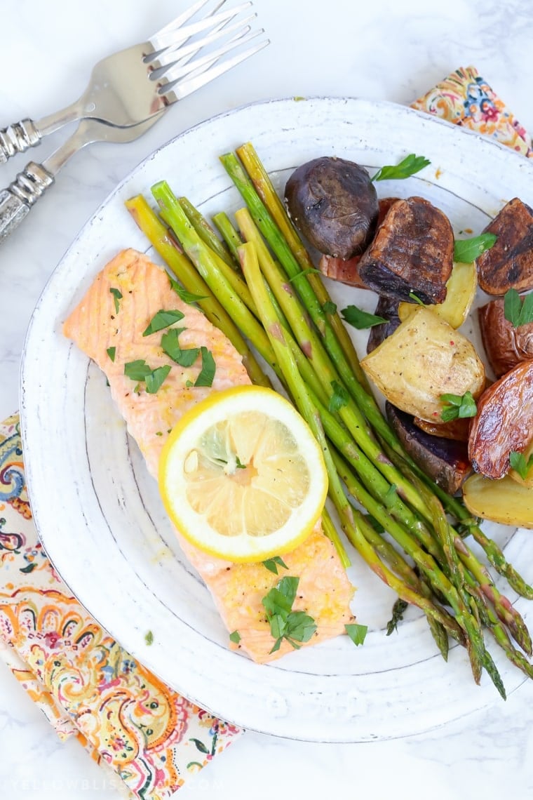 This Salmon, Asparagus & Potatoes Sheet Pan Dinner is a delicious one pan meal that saves valuable time in the kitchen - it's a delicious, easy weeknight meal!