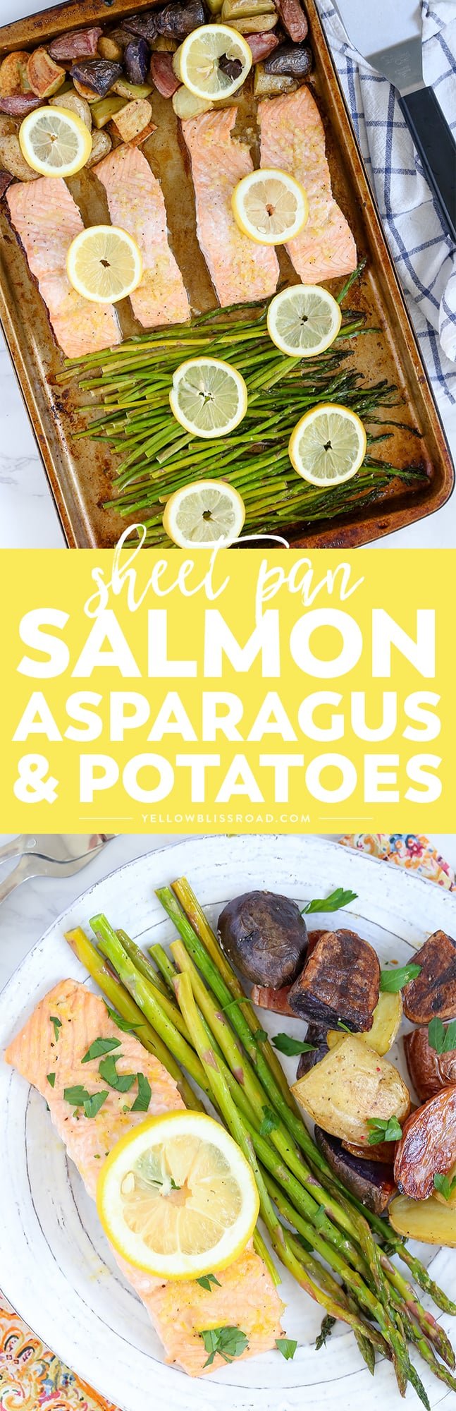 This Salmon, Asparagus & Potatoes Sheet Pan Dinner is a delicious one pan meal that saves valuable time in the kitchen - it's a delicious, easy weeknight meal!