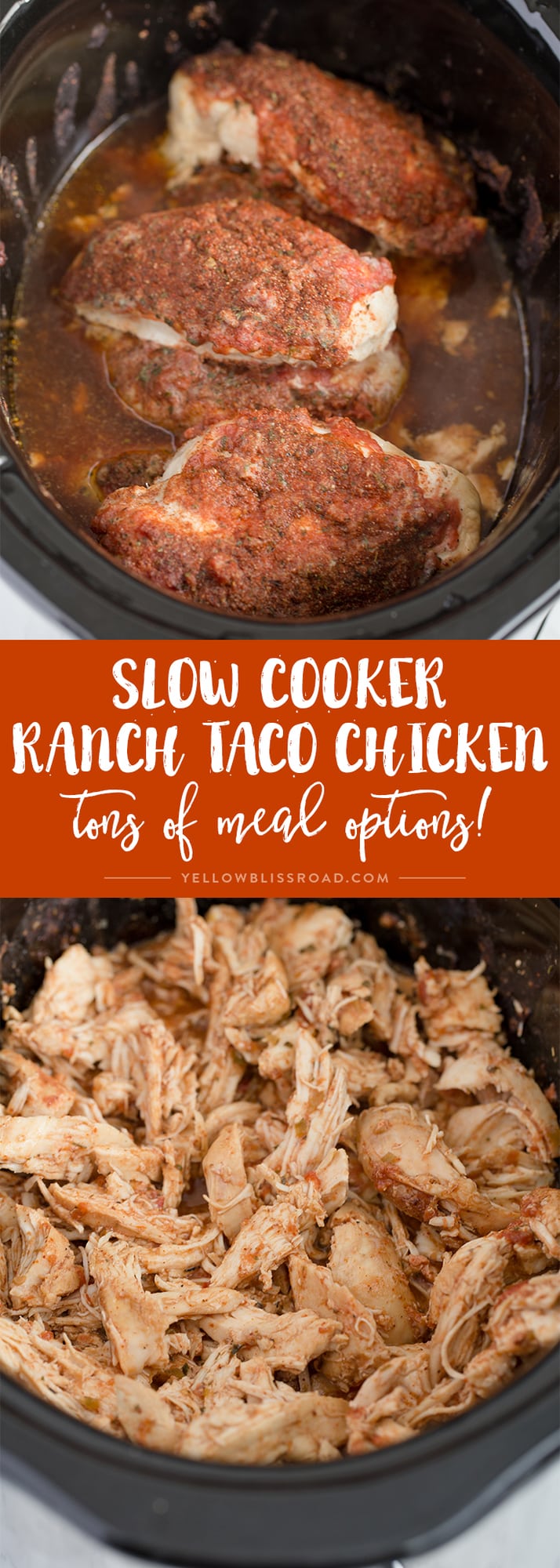 Slow Cooker Ranch Taco Chicken - so many delicious meal options from tacos to burritos to salads and more! Great for Cinco de Mayo!