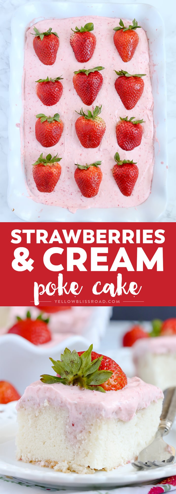 This Strawberries and Cream Poke Cake takes full advantage of Strawberry season with tons of fresh strawberries in the filling and the frosting. It's a strawberry lovers dream dessert!