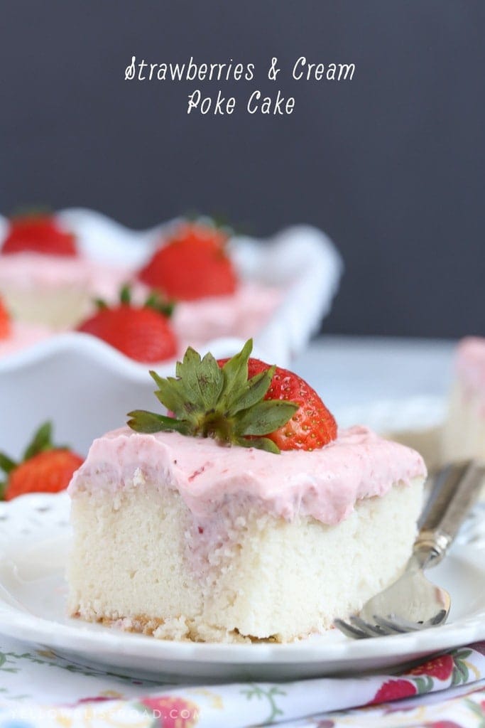 This Strawberries and Cream Poke Cake takes full advantage of Strawberry season with tons of fresh strawberries in the filling and the frosting. It's a strawberry lovers dream dessert!