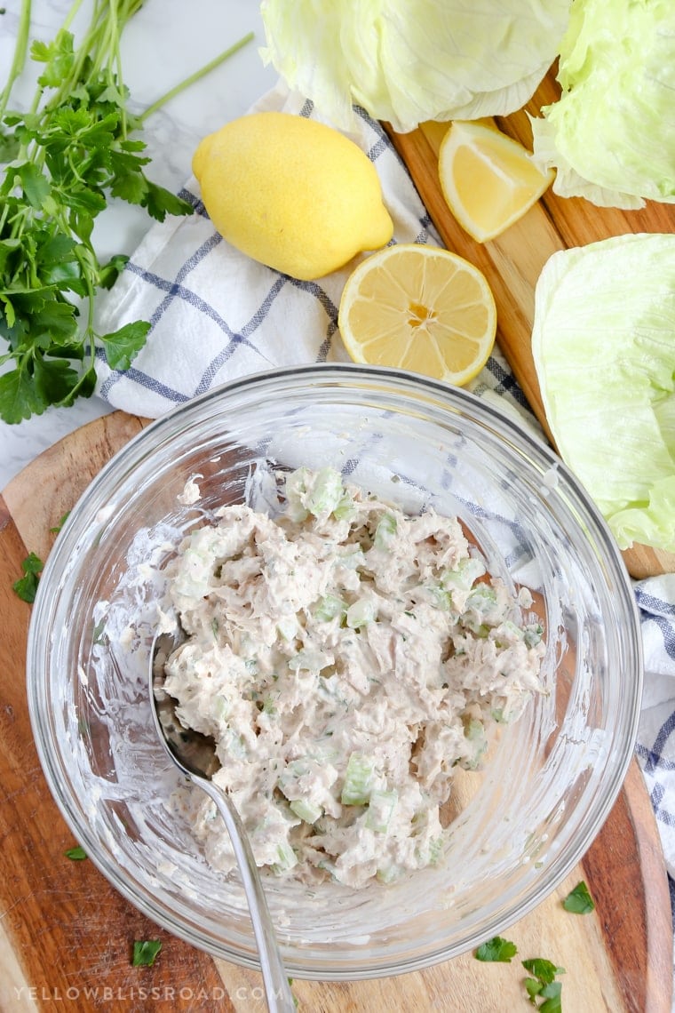 tuna salad lettuce wraps with lemon, dill & black pepper mayo