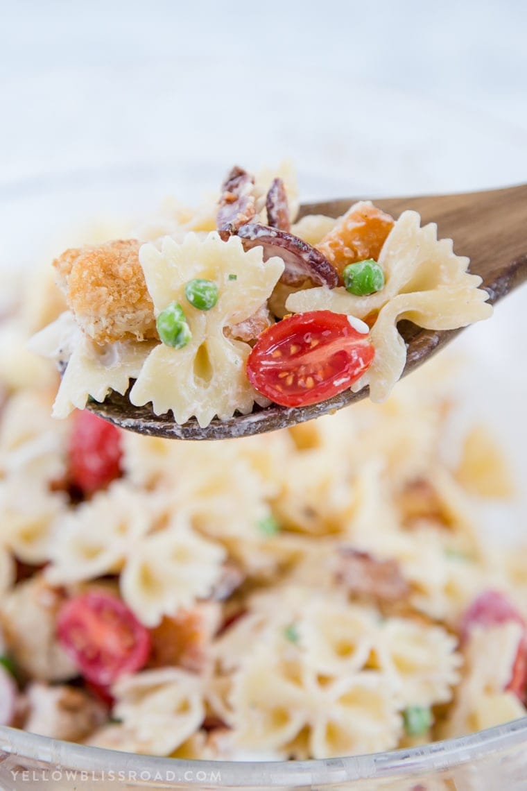 This Bacon Ranch Chicken Pasta Salad is cool and refreshing with a delicious, creamy Ranch flavored dressing, making it a summer staple for outdoor picnics and parties.