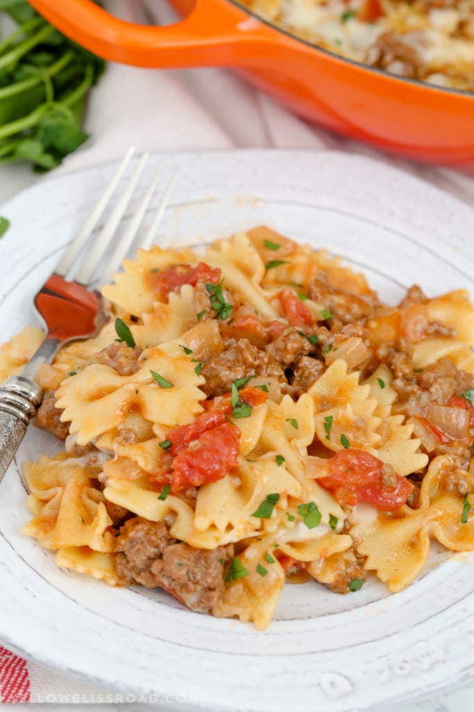 One Pan Cheesy Beef & Tomato Pasta Skillet Easy Weeknight Meal