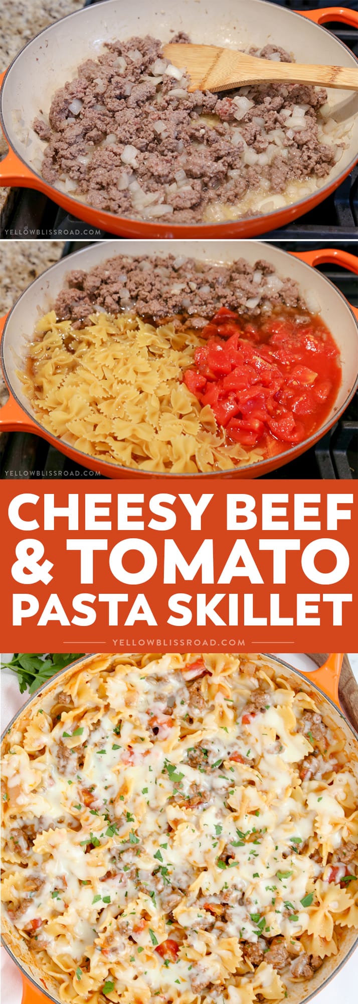 This Cheesy Beef & Tomato Pasta Skillet is sure to become your new favorite meal. All cooked in one pan, this easy weeknight dinner comes together in less than 30 minutes!