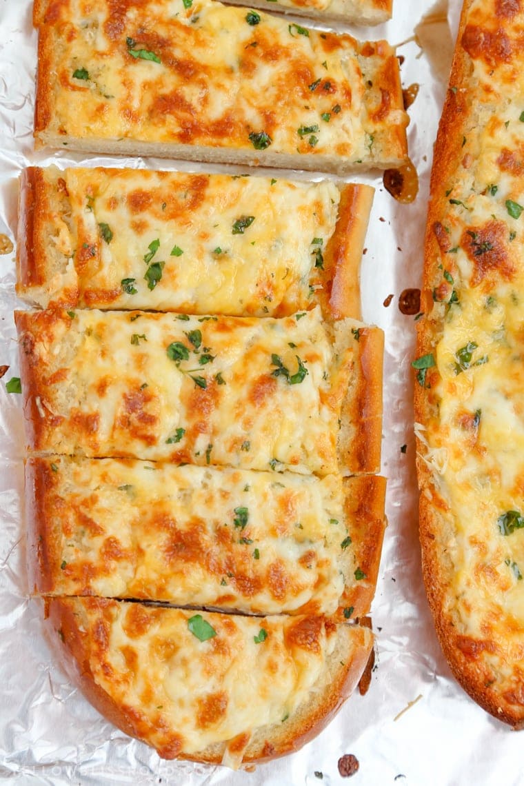 Cheesy Garlic Bread - Sliced homemade french bread garlic bread.