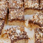 Close up of chocolate coconut rice krispie treats