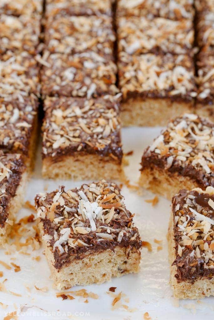 These Chocolate, Coconut Caramel Krispy Treats are inspired by Samoas - a classic favorite Girl Scout Cookie! A fun and yummy dessert that everyone will love.