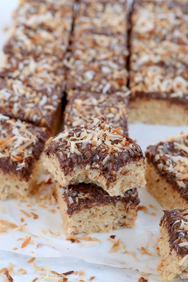 Close up of chocolate coconut rice krispie treats