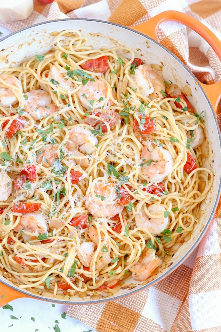 Garlic Shrimp Pasta and Tomato Spaghetti with parsley and Parmesan garnish