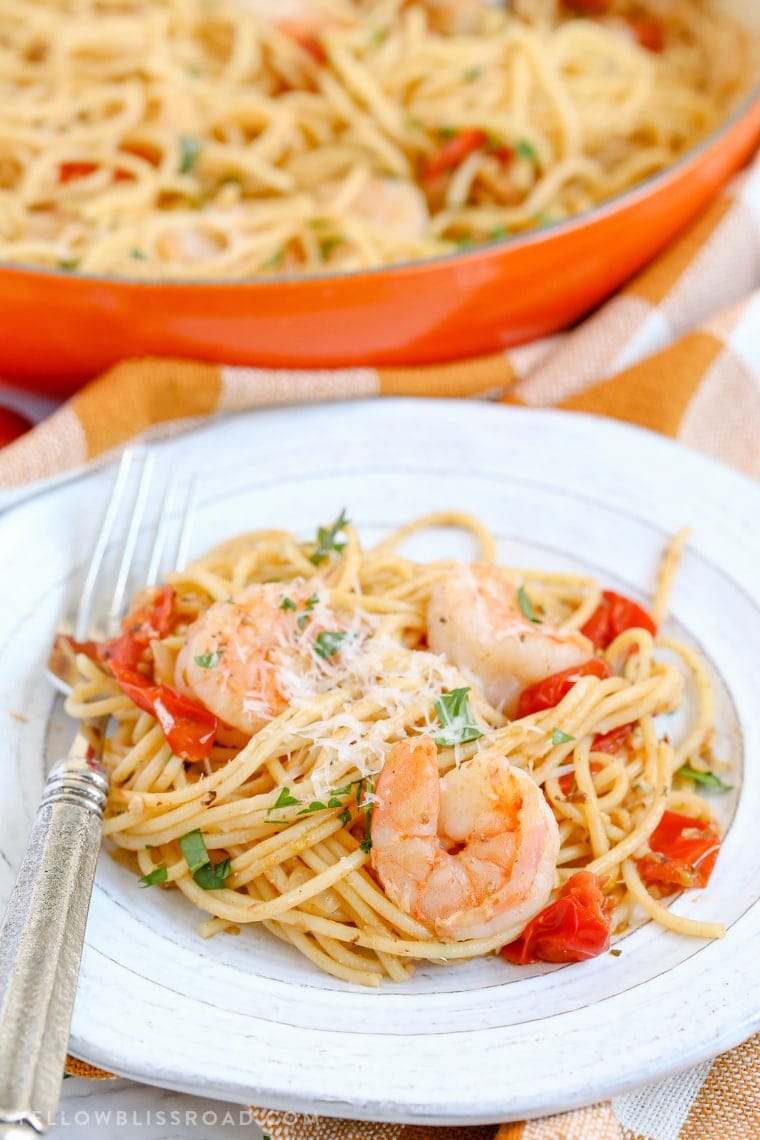 Shrimp pasta dinner in a bowl.