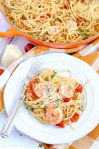 A plate of Garlic Shrimp Tomato Spaghetti