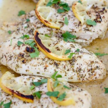 A close up of baked chicken