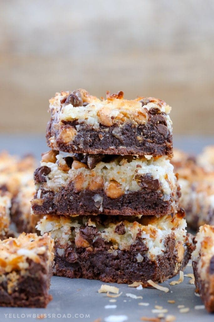 Magic Layer Brownie Bars have a rich brownie base, chocolate & butterscotch chips. coconut and sweetened condensed milk. Like the seven layer bars, only better!