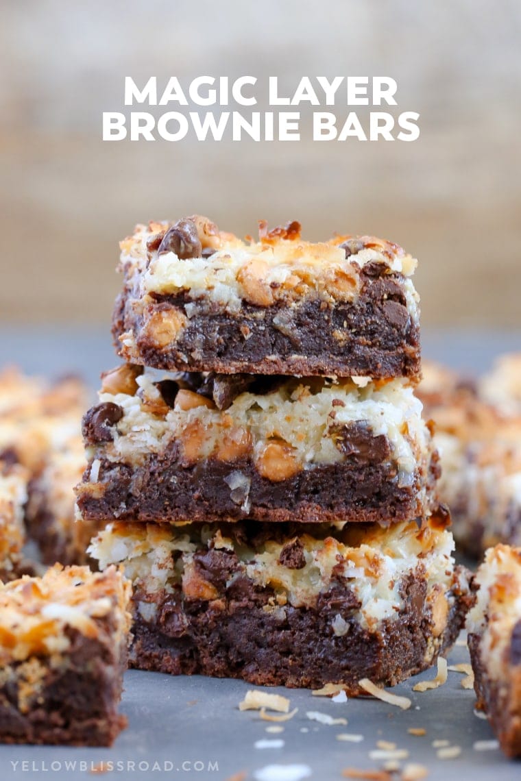 Magic Layer Brownie Bars have a rich brownie base, chocolate & butterscotch chips. coconut and sweetened condensed milk. Like the seven layer bars, only better!