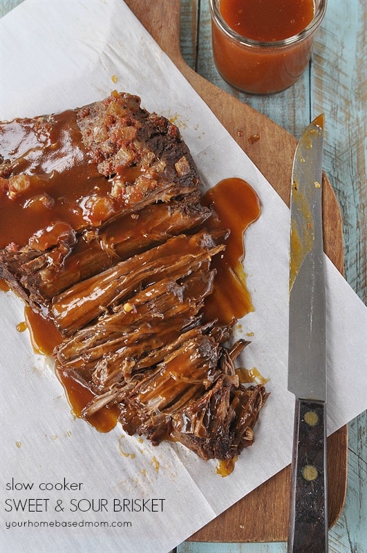 A cutting board with brisket on top