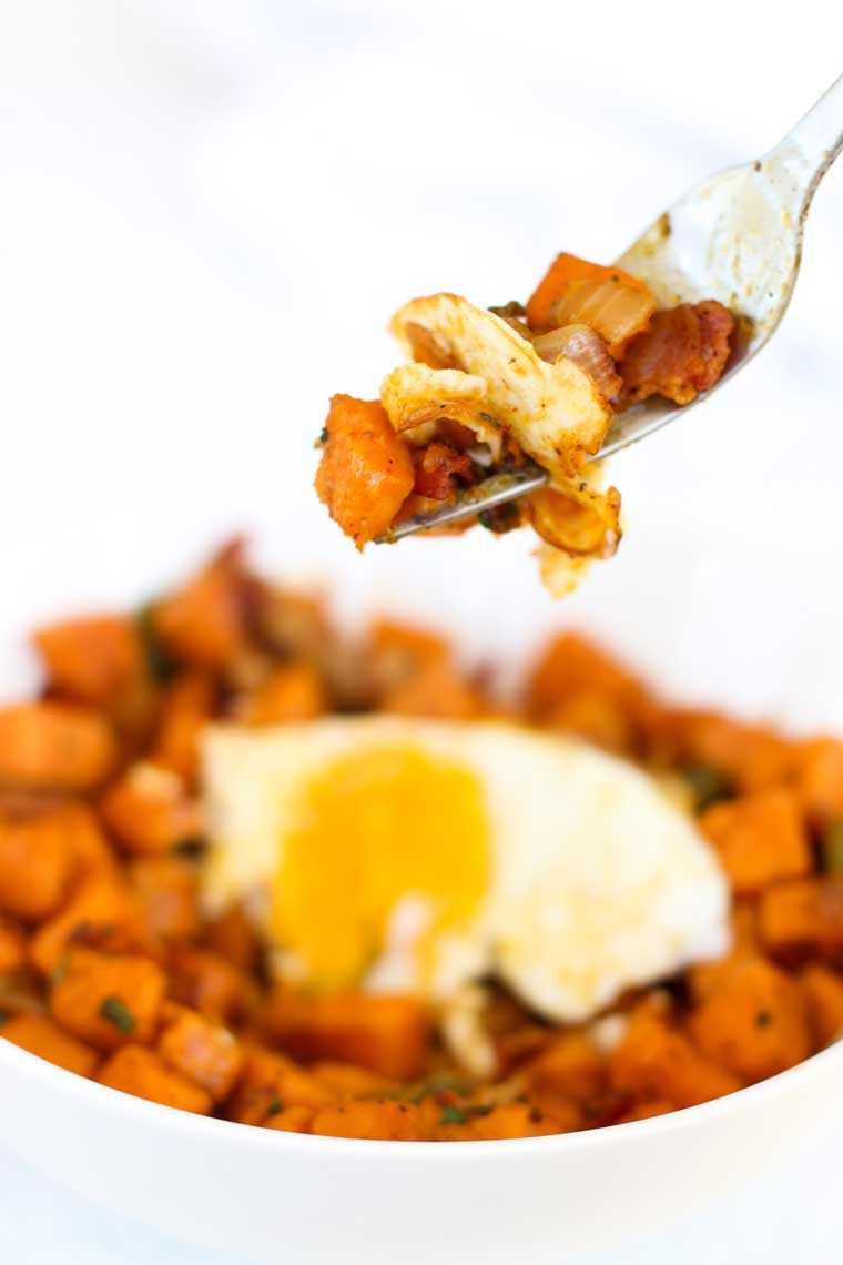 This Sweet Potato and Bacon Hash is an easy and savory breakfast or brunch that the whole family will love!