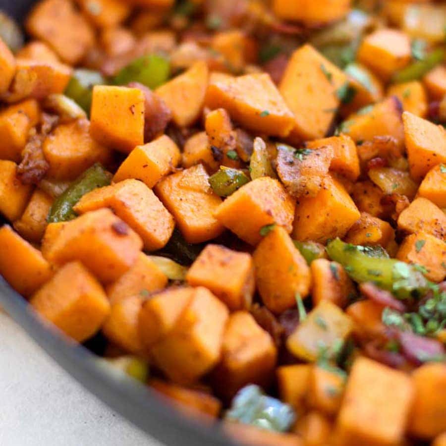 Sweet Potato and Bacon Hash with Peppers and Onions