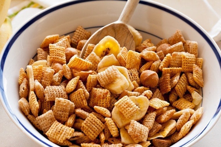 A bowl filled with chex mix