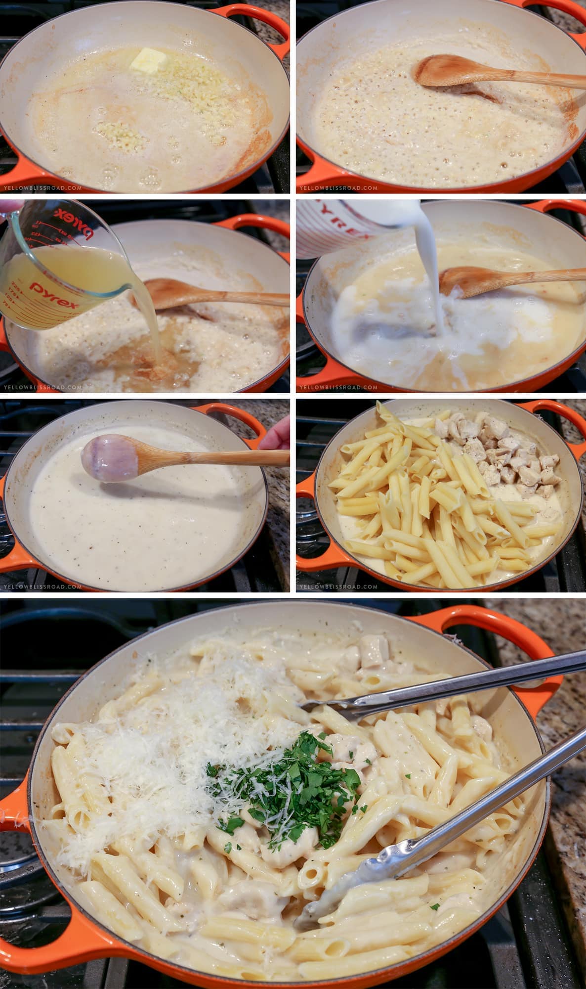 How to Make Creamy Garlic Penne Pasta with Chicken shown in a collage of photos.