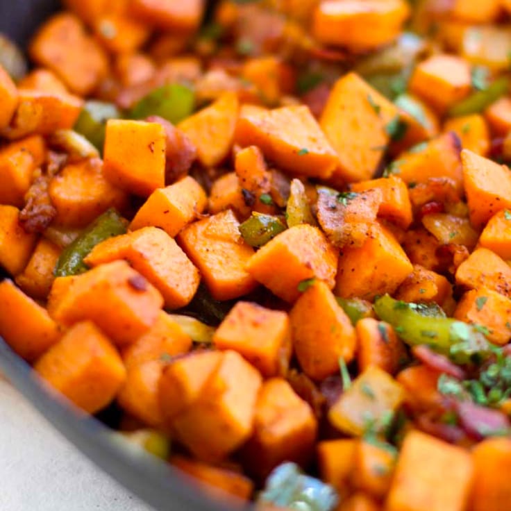 Sweet Potato and Bacon Hash with Peppers and Onions