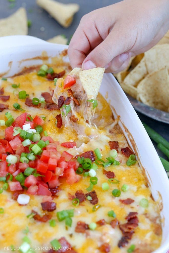 Cheddar Bacon Ranch Bean Dip with Tortilla Chips
