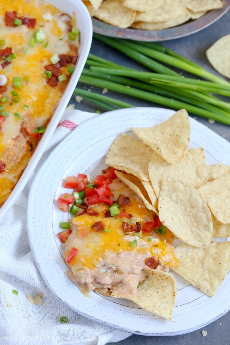 Cheddar Bacon Ranch Bean Dip served with tortilla Chips