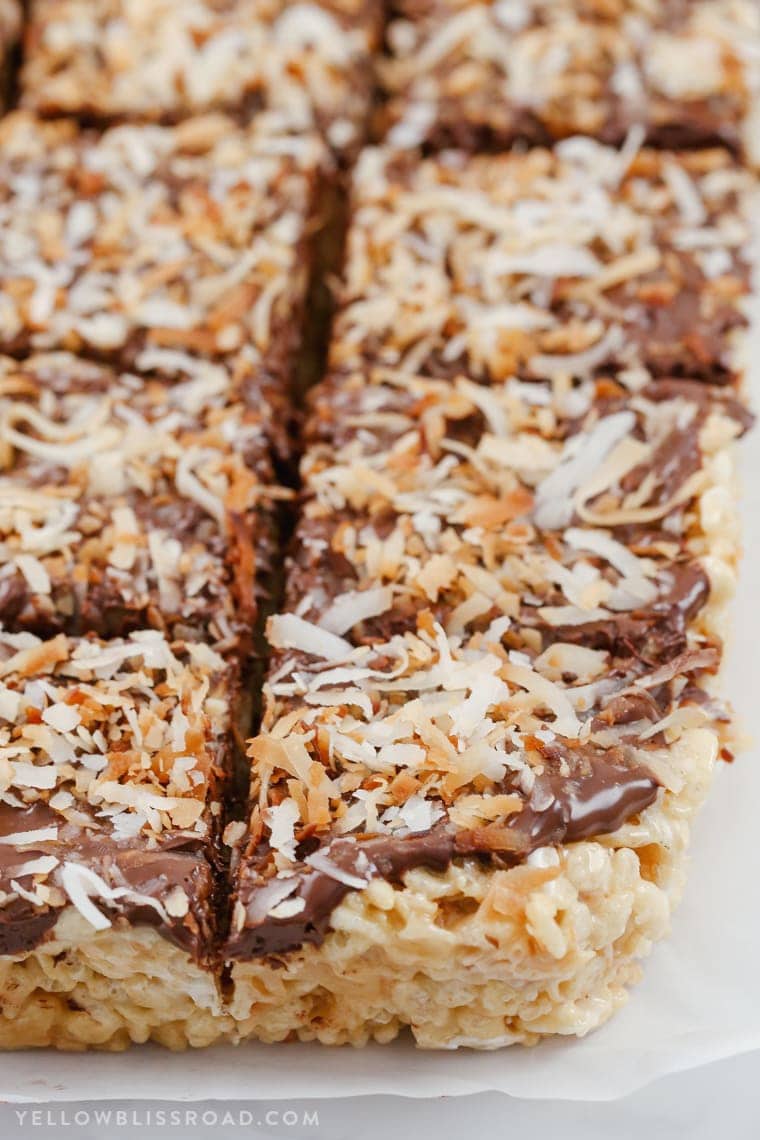 Close up of chocolate coconut rice krispie treats