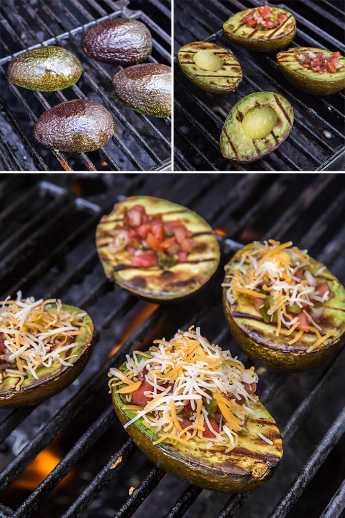 A collage of 4 images showing avocado halves on a grill, with grill markes and stuffed with salsa and cheese.