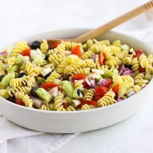 This Greek Pasta Salad is easy to throw together and perfect for the summer!