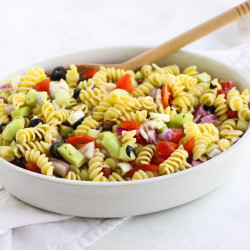This Greek Pasta Salad is easy to throw together and perfect for the summer!